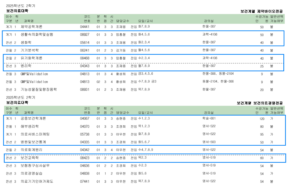 2025학년도 2학기 보건계열 식품영양학전공 3학년 전공과목 수강신청 안내 4